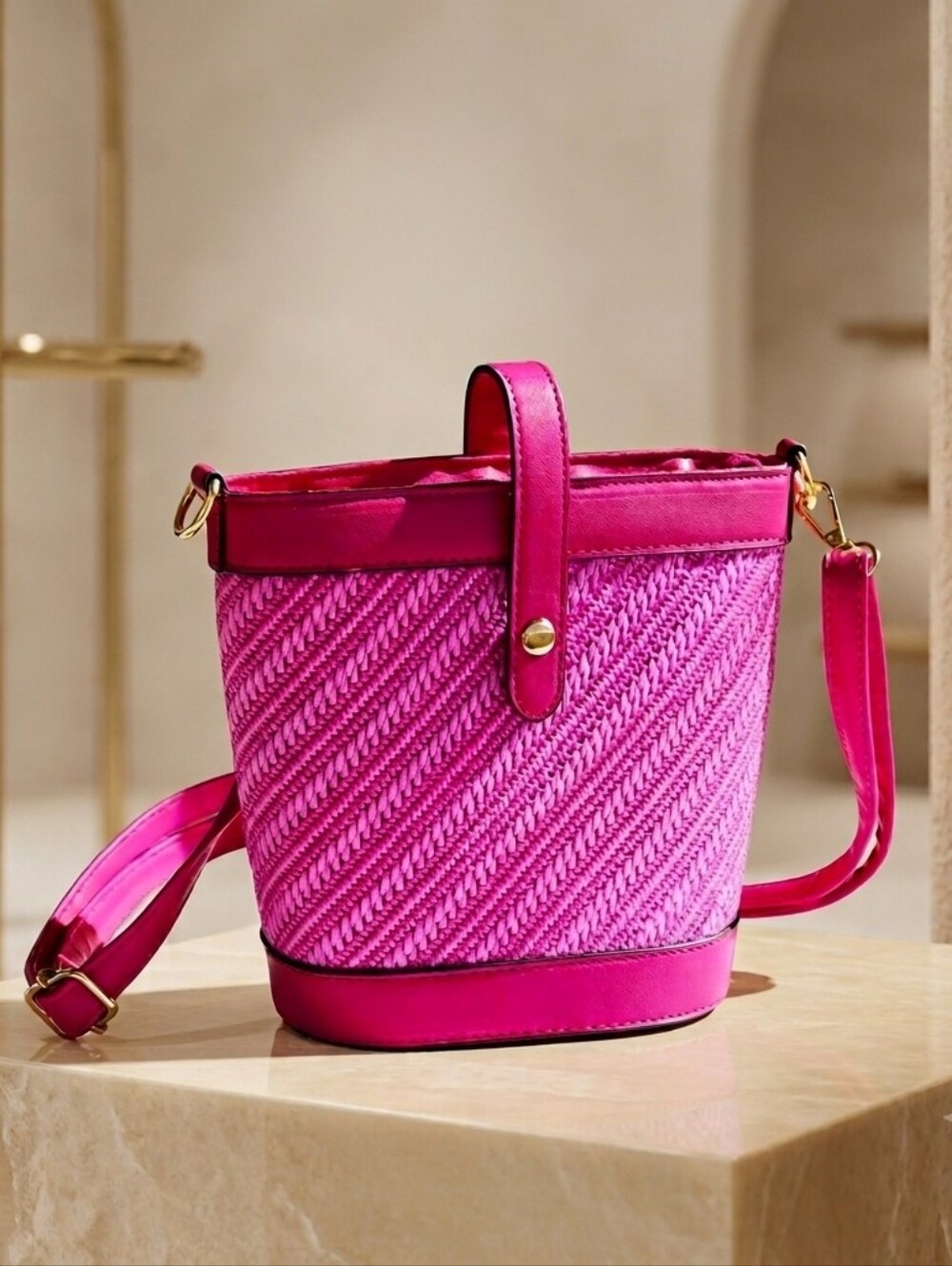 AR New York Women's Weekend Medium Pink Straw Bucket Bag Crossbody
